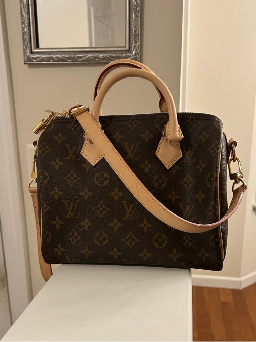 Louis Vuitton Speedy Bandoulière 25 Brown Monogram Satchel Lock Key Dust Bag Box